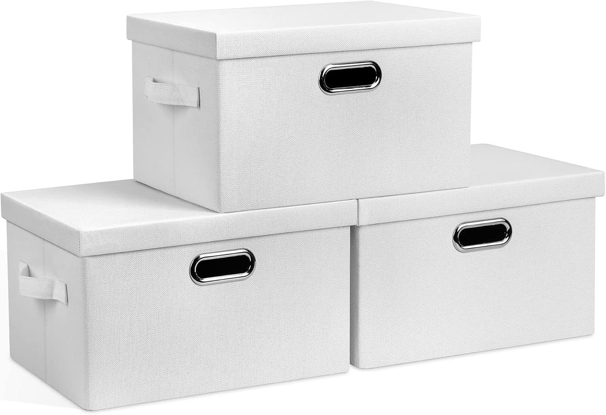 Graciadeco Medium 15" 21 Quart Collapsible Stackable Storage Bins with Lids, 1 Pack White Foldable Fabric Closet Storage Boxes with Lids, 4 Handles Heavy-duty Linen Cube Baskets for Bedroom
