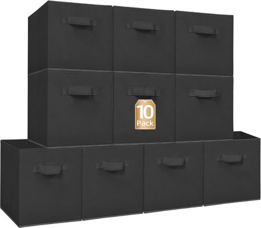 STORAGE MANIAC Storage Cubes, 11 Inch Collapsible Storage Bins with Handles, 10 Pack Fabric Foldable Bins for Organization, Durable Storage Bins for Closet, Shelves, Offices, Toys, 10-Pack Black