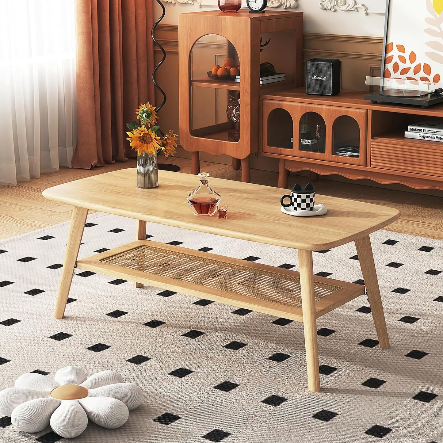 Coffee Table Small Solid Wood Center Table Mid Century Vintage Living Room Coffee Table, Original Rattan 47.24 Inch