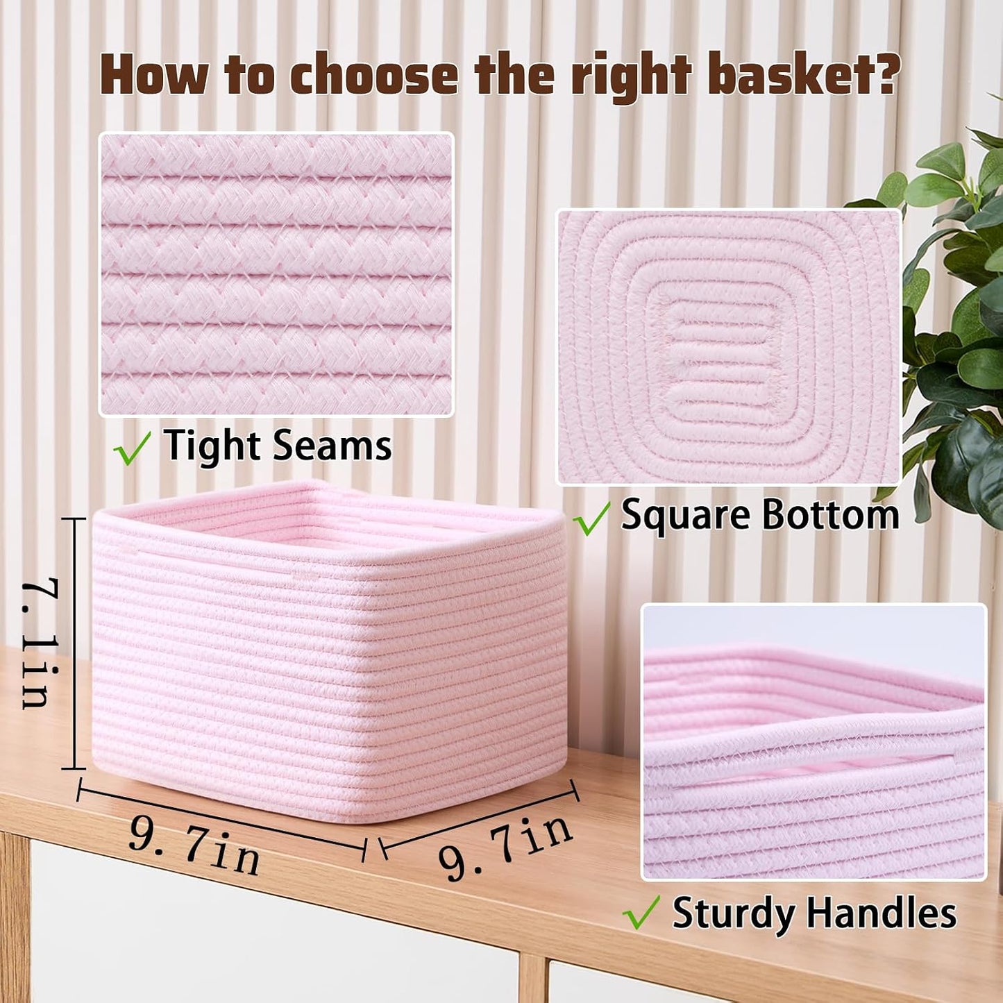 MiniArk Small Organizing Baskets for Cubes Shelf, 9.7x9.7x7.1 Inch Rope Woven Storage Bins for Nursery Shelves Storage, Cute Toy Basket, Square 3 Packs Light Pink