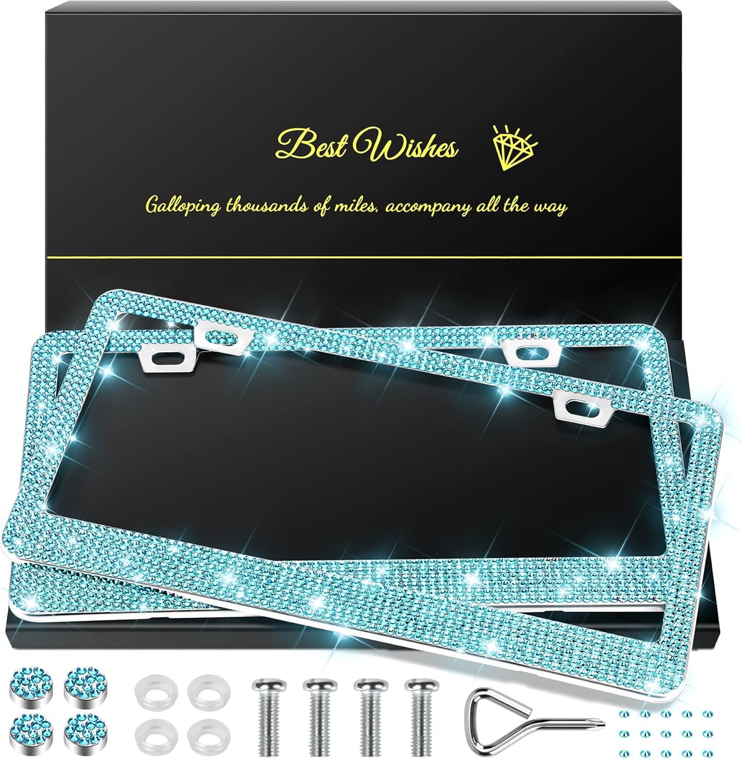 QUANQIUFEI 2 Pack Bling License Plate Frames for Women, Sparkly Rhinestone Diamond Car Accessories with Glitter Crystal Caps (Black)