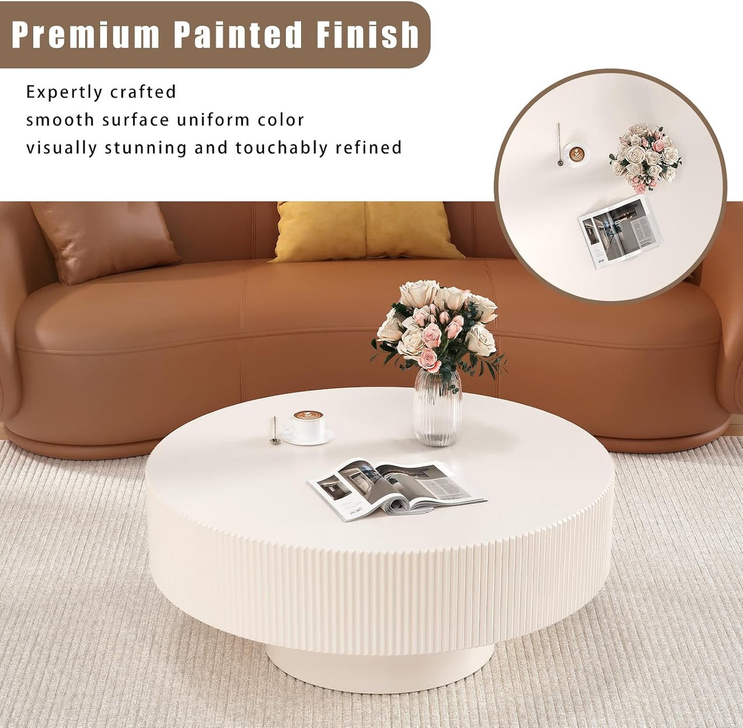 Modern Wood Round Coffee Table for Living Room (30.9inIvory White Thick) | Drum Round Fluted Coffee Table with Sturdy Base, Circular Pedestal Center Table for Office Patio, Easy Assembly