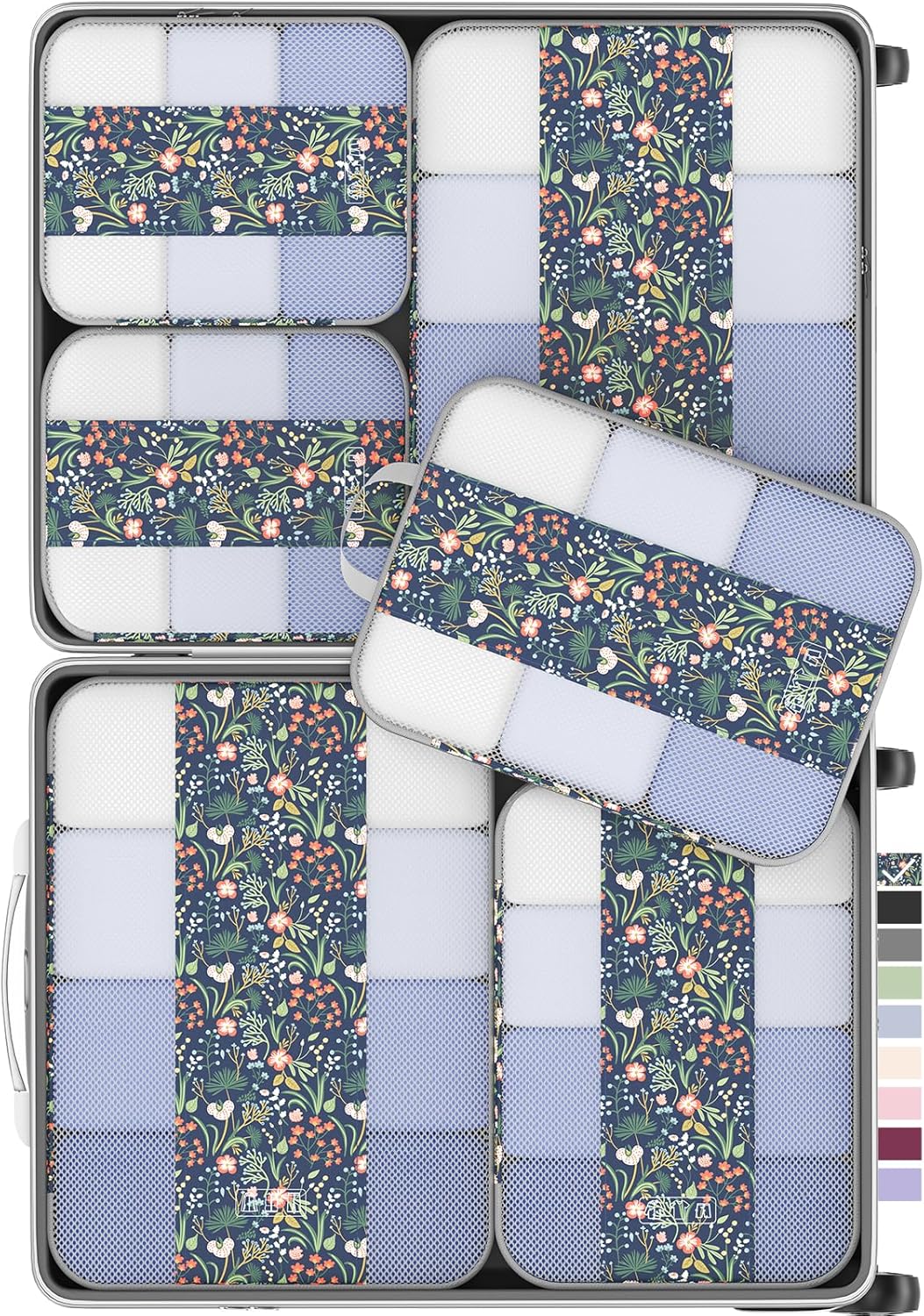 6 Set Compression Packing Cubes for Travel Essentials,Compressible Expandable Packing Cubes for Suitcase,OlarHike Luggage Garment Bags for Travel,Handy Helper for Organizing Clothes(Dark Blue Floral)