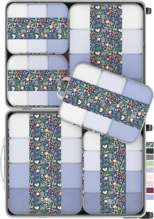 6 Set Compression Packing Cubes for Travel Essentials,Compressible Expandable Packing Cubes for Suitcase,OlarHike Luggage Garment Bags for Travel,Handy Helper for Organizing Clothes(Dark Blue Floral)