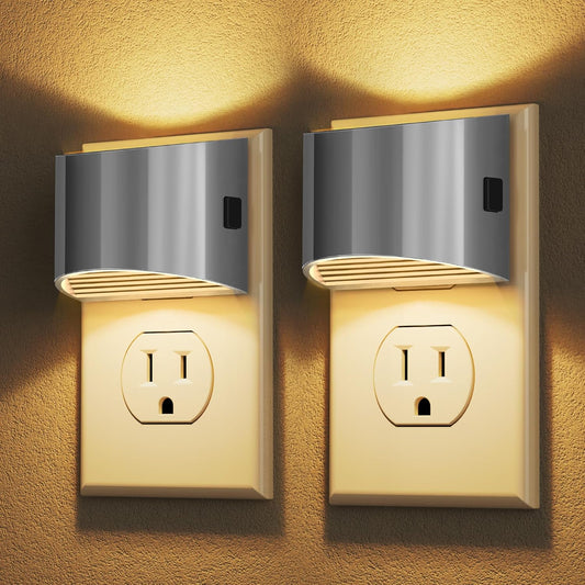 DORESshop LED Night Light[2 Pack], Night Lights Plug into Wall, 3 Level Brightness Adjustable Plug in Night Light, Dusk to Dawn Sensor Nightlights for Adults,Bedroom,Hallway,3000K -Chrome Cover