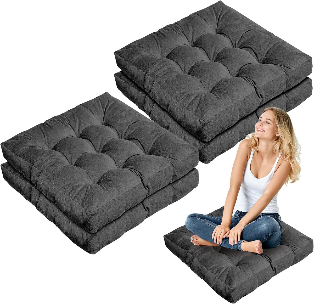 Jerify Black 4 Pcs Large Floor Pillow Cushion,Square 22 x 22