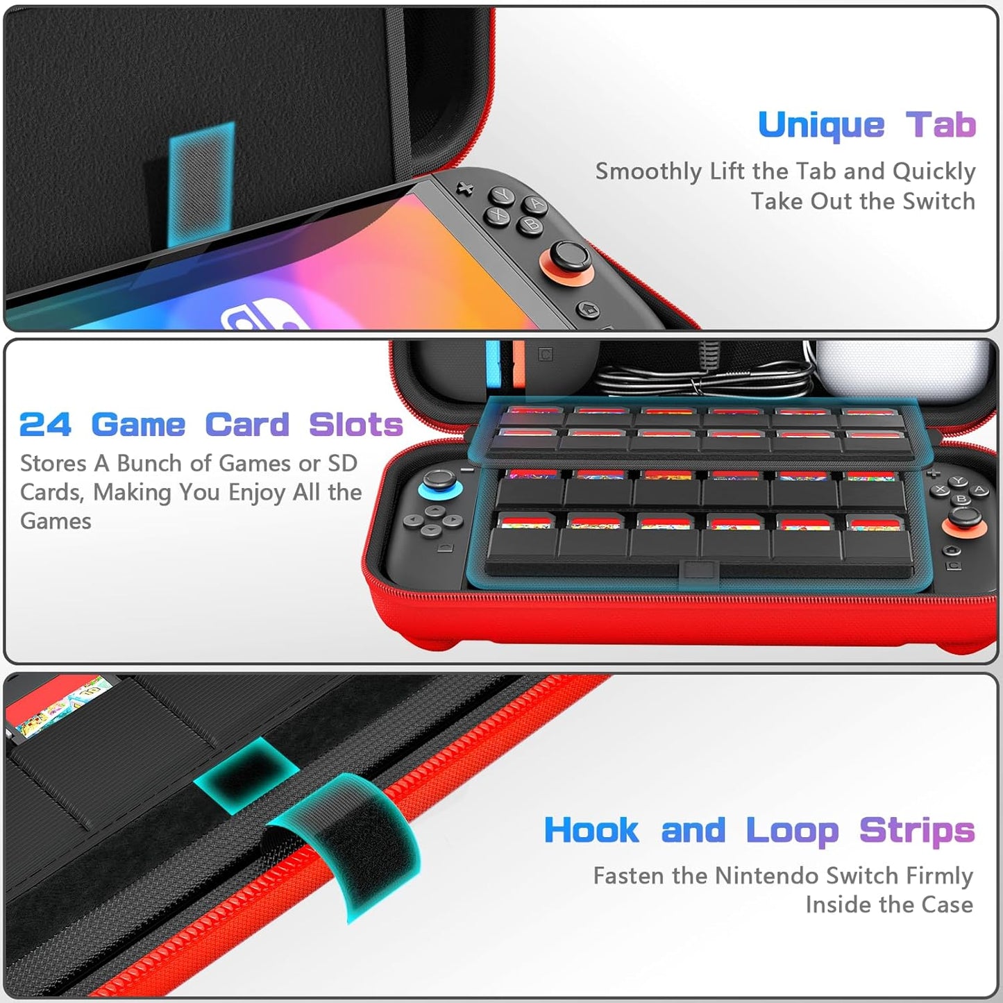 daydayup Switch Carrying Case Compatible with Nintendo Switch 2, with 24 Games Cartridges Protective Hard Shell Travel Carrying Pouch DS Case Red