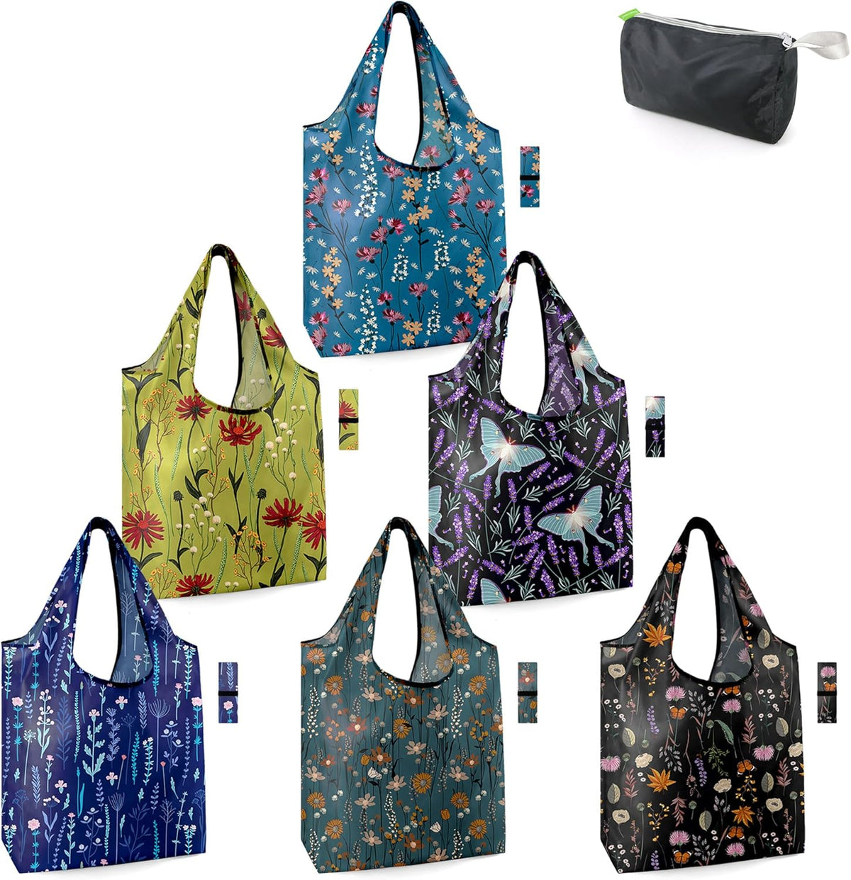 BeeGreen Groceries Reusable Bags for Shopping Compact Cute Solid Color Cloth Grocery Totes Set of 12 Fold up Packable Recycling Shopper Baggies w Zipper Carry Pouch for Supermarket