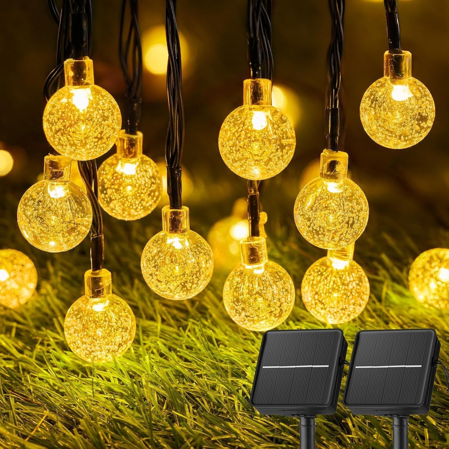 Brightown Solar String Lights Outdoor Waterproof, 2 Pack 60 LED 36.5 FT Each, Solar Powered Patio Lights with 8 Lighting Modes for Garden Yard Porch Wedding Party Decor (Warm White)