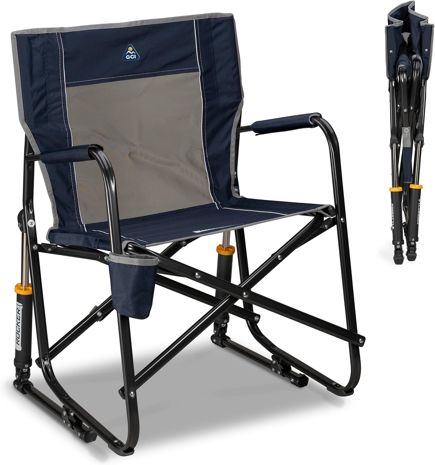 GCI OUTDOOR Freestyle Rocker XL with Side Table Camping Chair | Portable Folding Rocking Chair with Solid, Durable Armrests, Drink Holder & Comfortable Backrest — Red