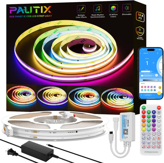 PAUTIX RGB Smart IC COB LED Strip Light Addressable 32.8ft/10m,UL-Listed 24V Color Flowing Strip Light Multicolor Flexible Tape Lights with APP Control/Music Mode,for TV,Bedroom,Party DIY Decoration