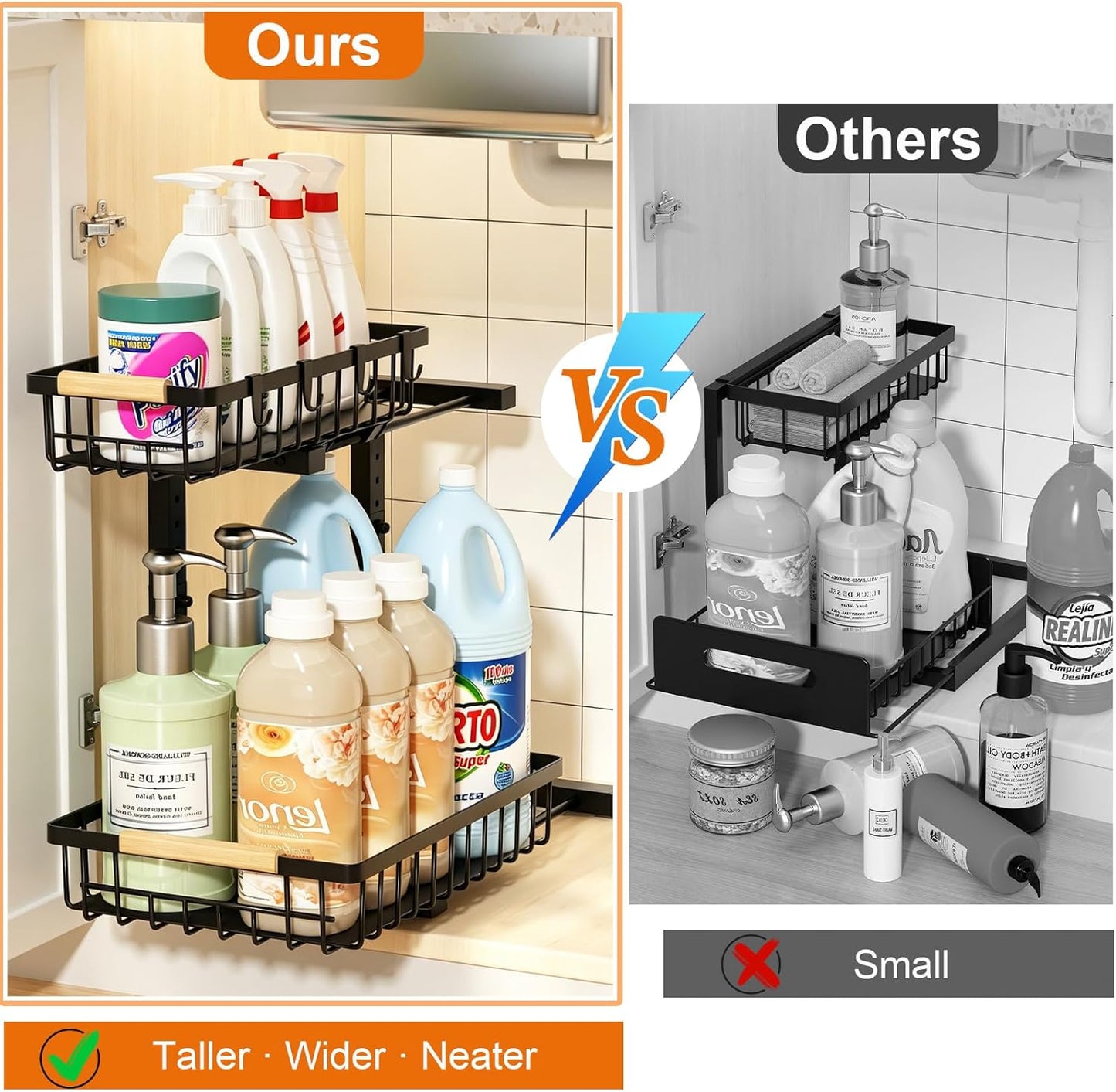 REALINN Under Sink Organizer, Height Adjustable 2 Tier Pull Out Cabinet Storage, L-Shaped Drawer Organizer for Kitchen Sink Organizer, Bathroom Organizers and Storage, Smooth Sliding Rails, Black