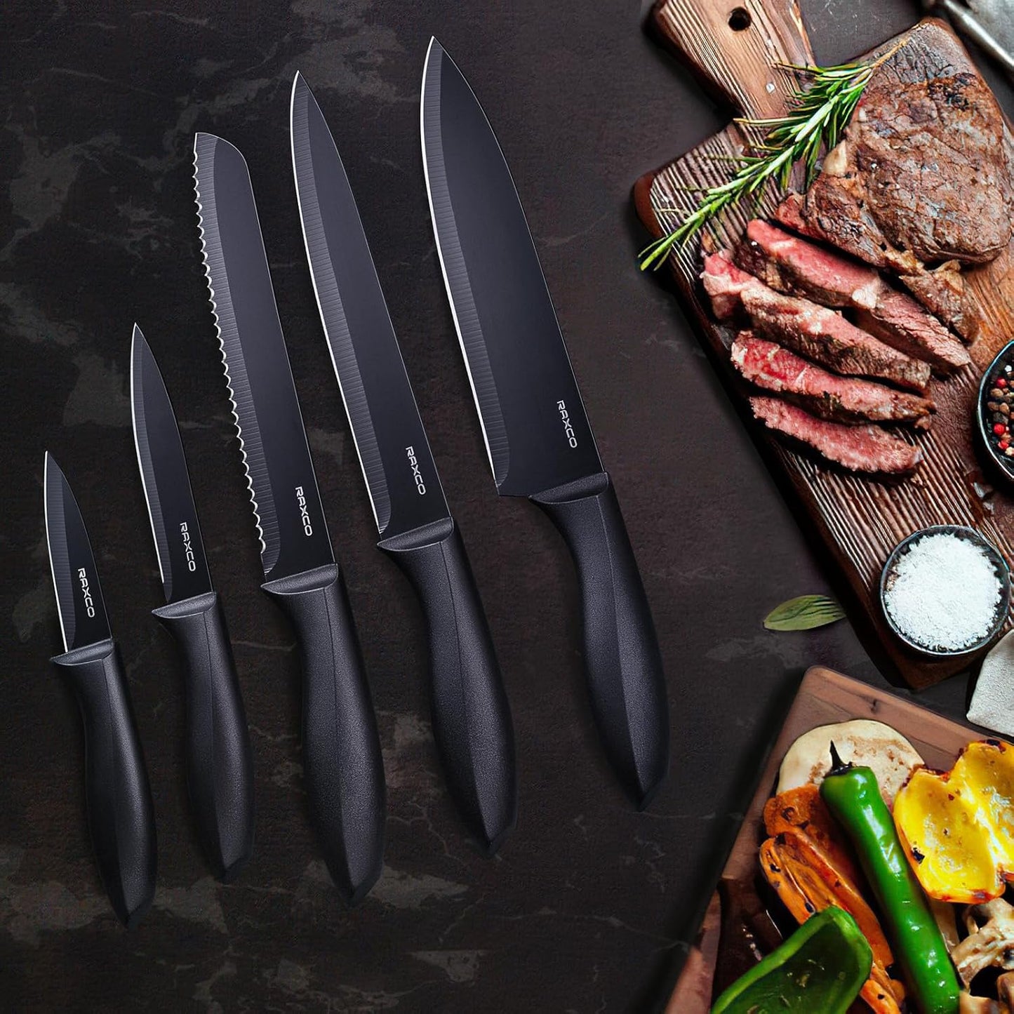 RAXCO Knife Set with Block,10-Piece Kitchen Knives Stainless Steel,Pro-sharpened for Cooking,Slicing,Mincing,Dicing,Black