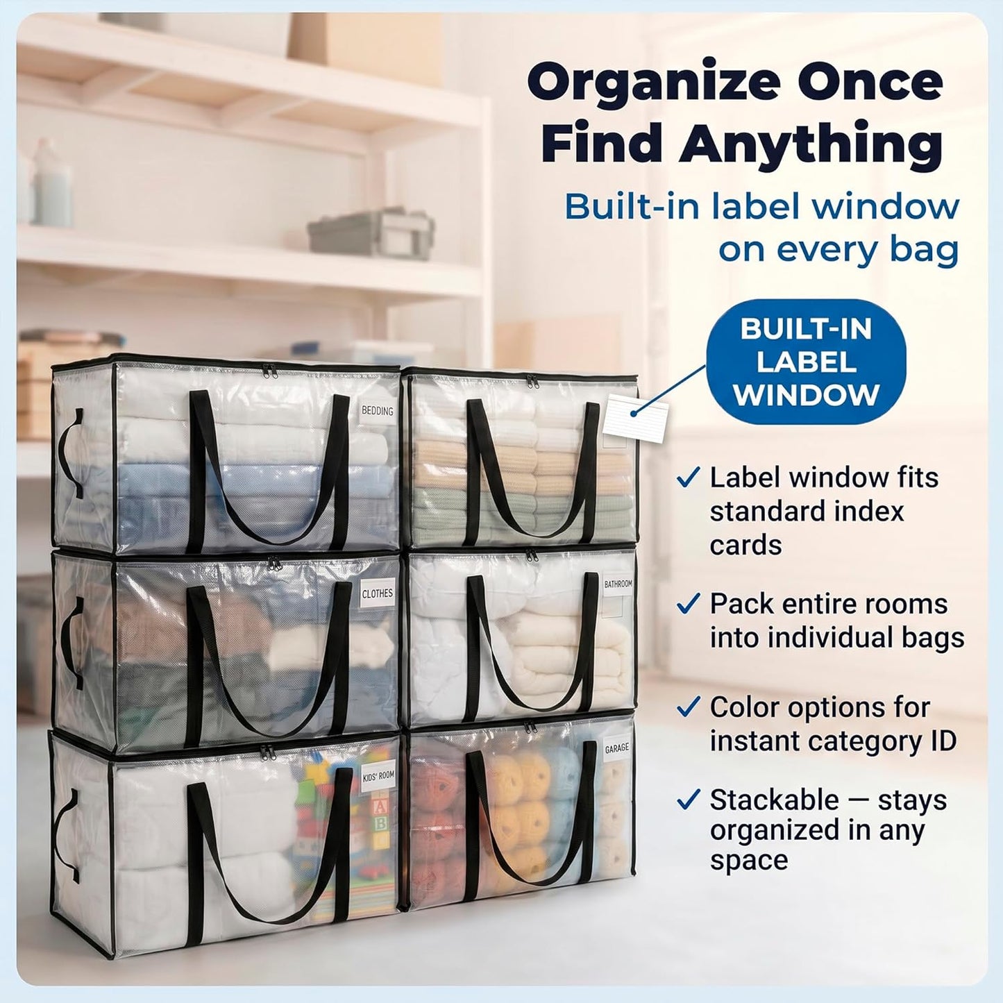 ClearSpace Oversized Moving Bags or Storage Bag – Large Moving Boxes with Backpack Straps, Zippers & Handles – Heavy-Duty Packing Bags for Moving, College Dorm, Christmas Decorations, 6 Pack