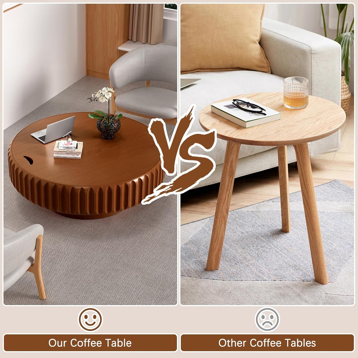 Round Coffee Table with Storage (Brown 39.37") | Handcraft Fluted Drum, Modern Circle Wooden Coffee Table, Cocktail Table for Living Room, Home Office Apartment
