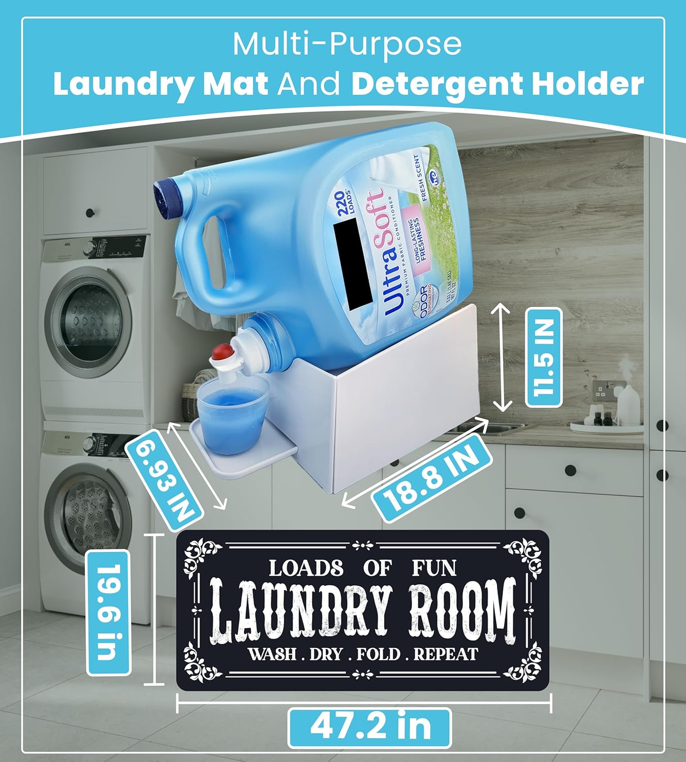 TidyFriend Laundry Detergent Holder with Laundry Room Rug Runner, Detergent Stand for Spill Protection, Non-Slip Runner Mat, and Stylish Room Organizer for Home & Laundry Spaces (Kit)