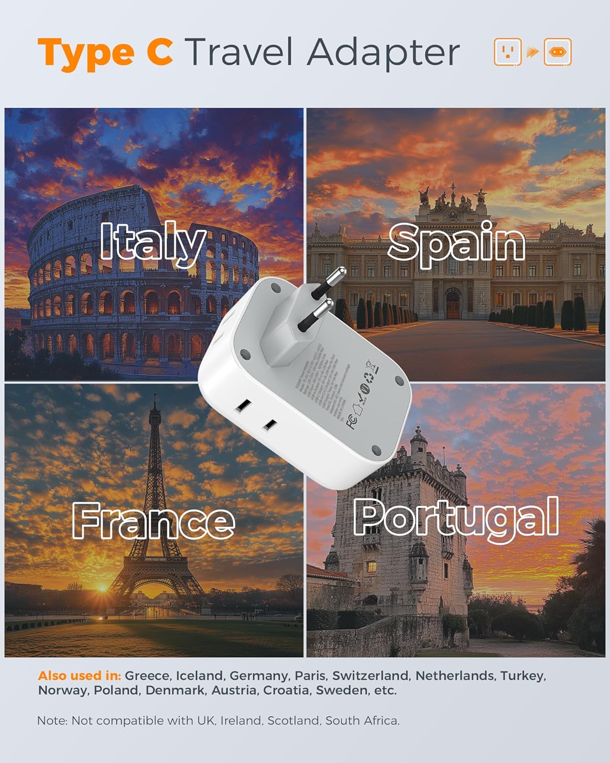 TESSAN 2 Pack European Travel Plug Adapter, Europe Power Converter 4 Outlets 3 USB(1 USB C PD 20W), Type C International Adaptor to Italy Spain France Portugal Iceland Germany, EU Travel Essentials