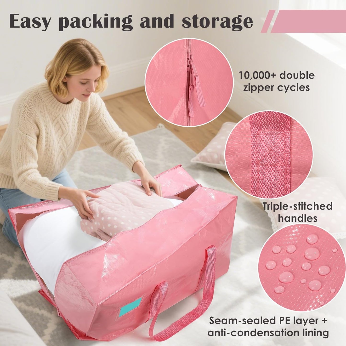 6 Pack Moving Bags with Full-Open Side Zipper, Extra Large 93L Heavy Duty Waterproof Foldable Storage Totes for College Dorm, Moving & Home Organization Pink
