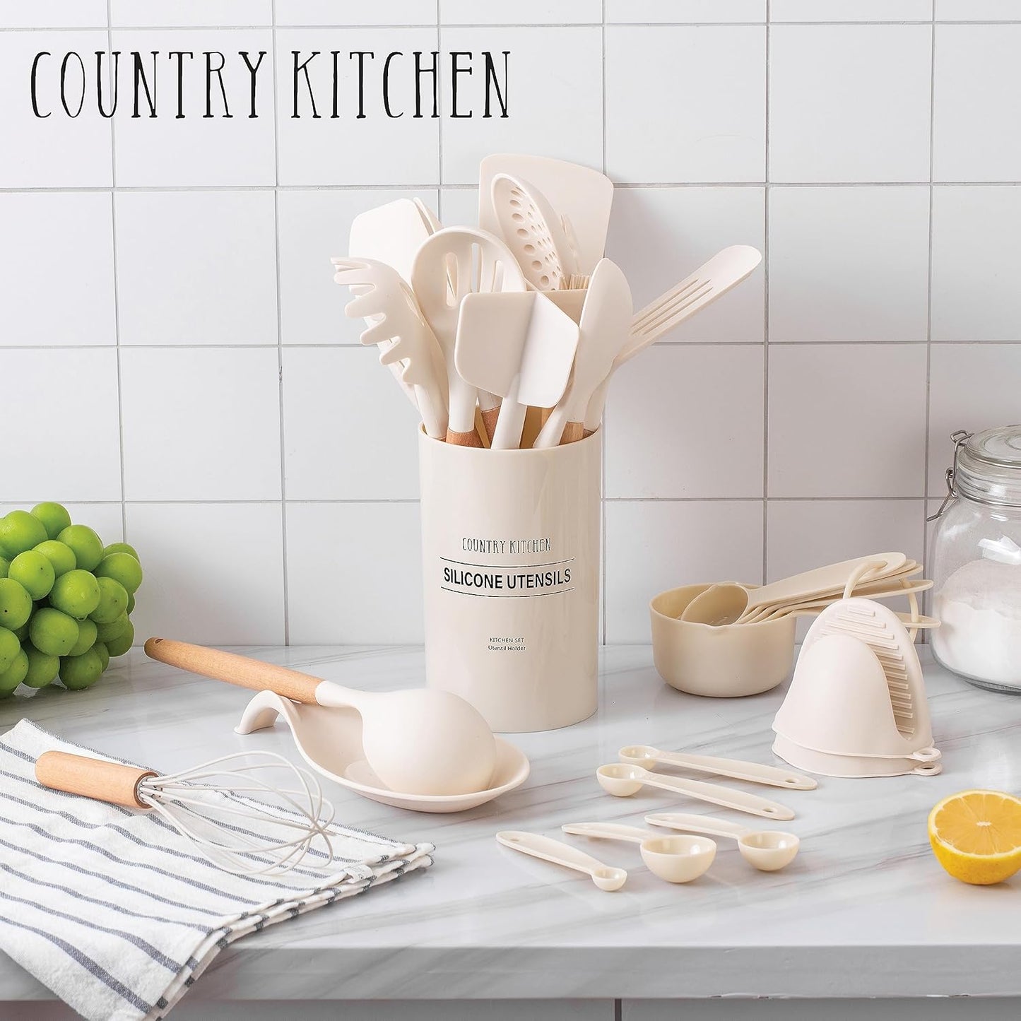Country Kitchen Non Stick Silicone Utensil Set with Rounded Wood Handles for Cooking and Baking, 38 Piece Set, Khaki