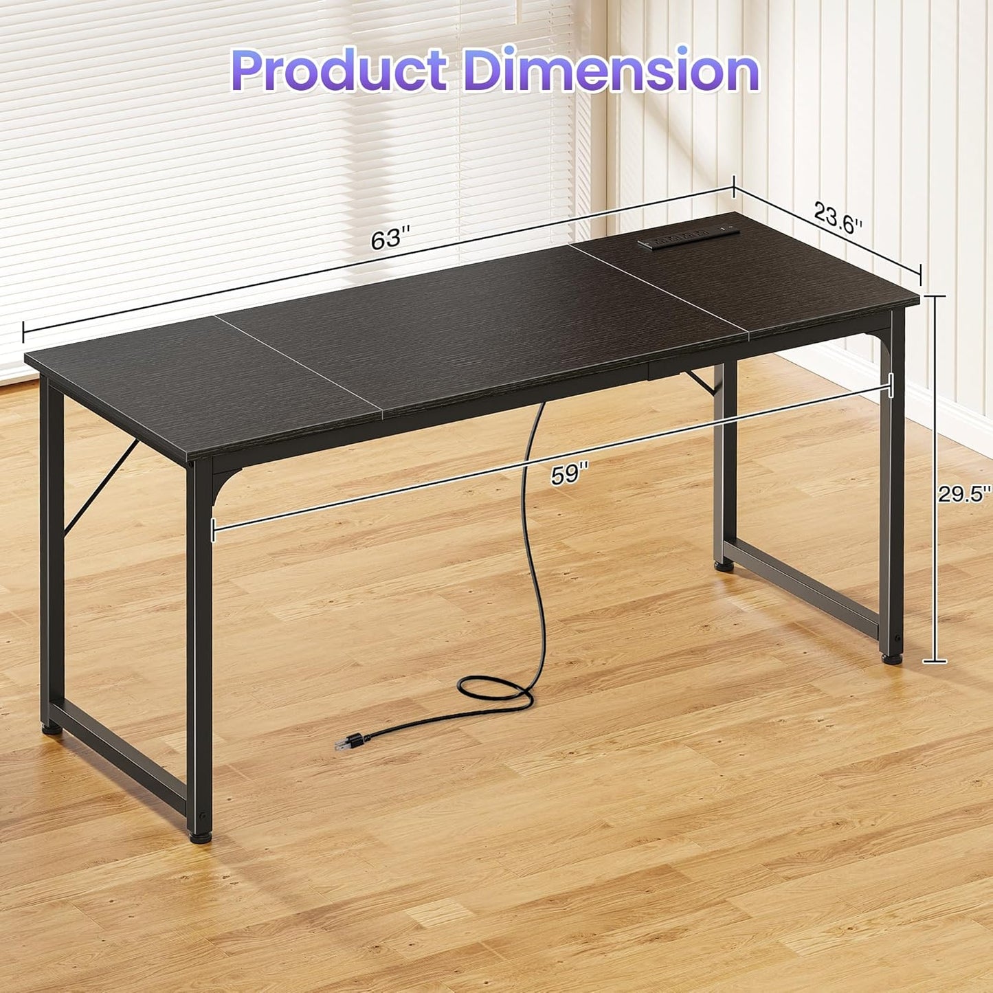PRAISUN 63 X 24 Inch Office Computer Desk with Power Outlets and USB-C Port, Larger and Longer Gaming Desk, for Home Office, Study, Writing Work from Home Table, Metal Frame, Black