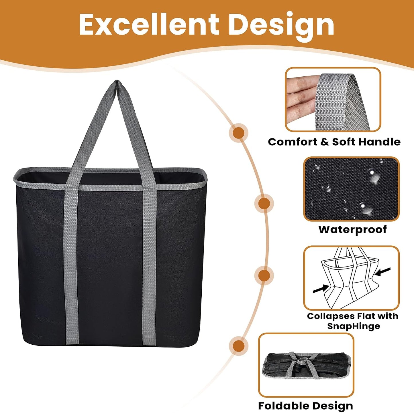 JOMOLA Collapsible Laundry Basket, Large Folding Clothes Hamper Bag, Fabric Laundry Tote Carry All Bin XL Pop Up Baskets with Handles, Waterproof Clothes Storage Basket for Bathroom, Family Black