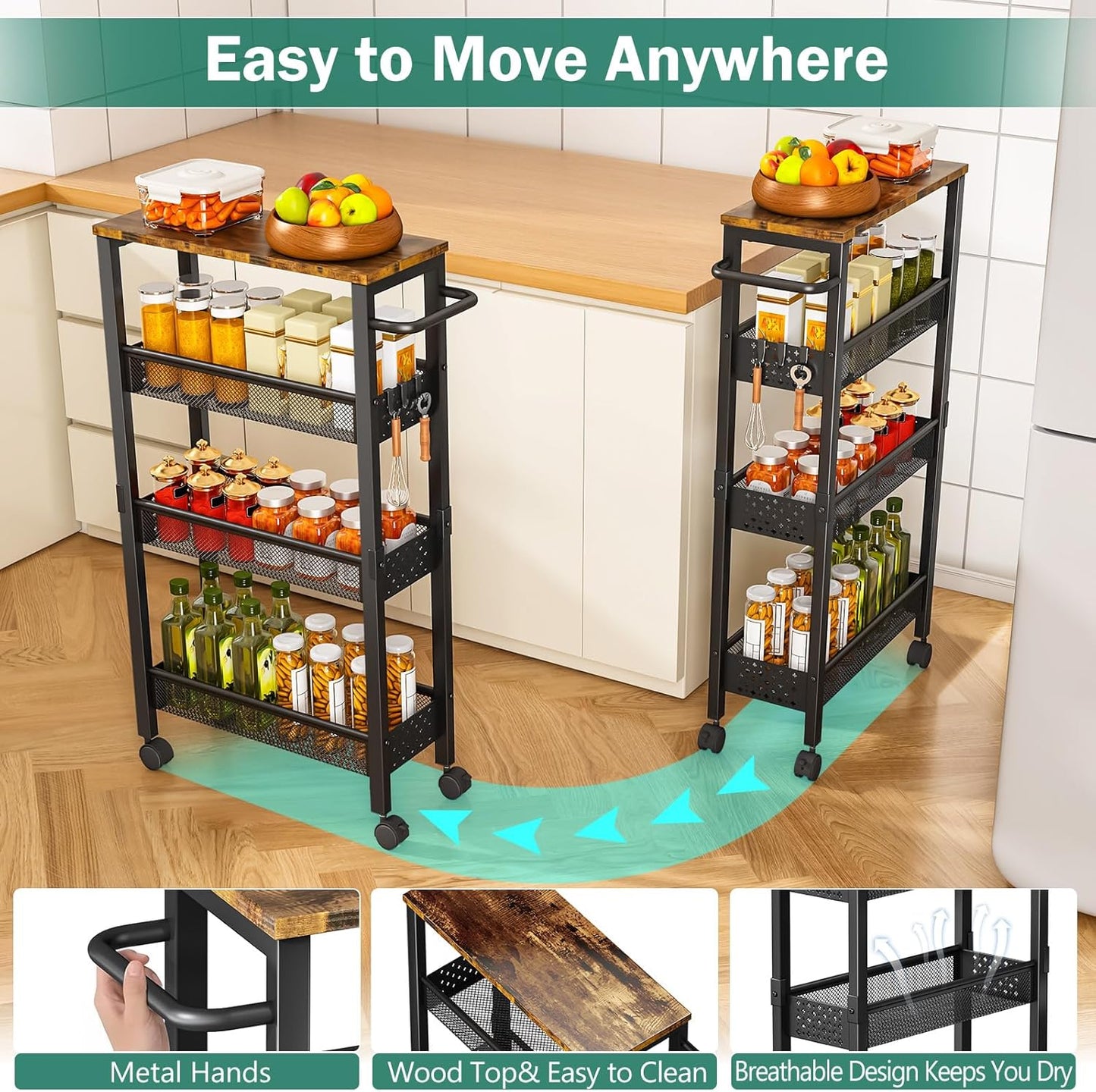 Vivihomety Utility Slim Storage Cart with Wheels, 4 Tier Small Rolling Cart with Wood Top, Metal Kitchen Bathroom Laundry Room Organization Trolley with Handle for Narrow Space – Black