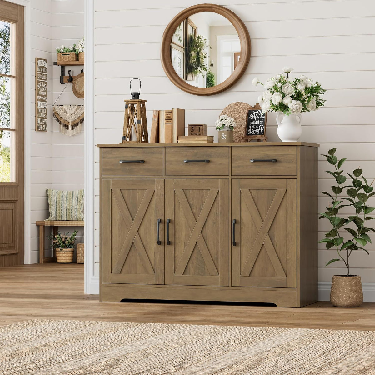 HOSTACK Kitchen Buffet Cabinet with Storage, Sideboard Coffee Bar, Brown | Farmhouse Kitchen Storage Cabinet with 3 Drawers & Adjustable Shelf, 42.5"W Buffet Table for Dining Living Room