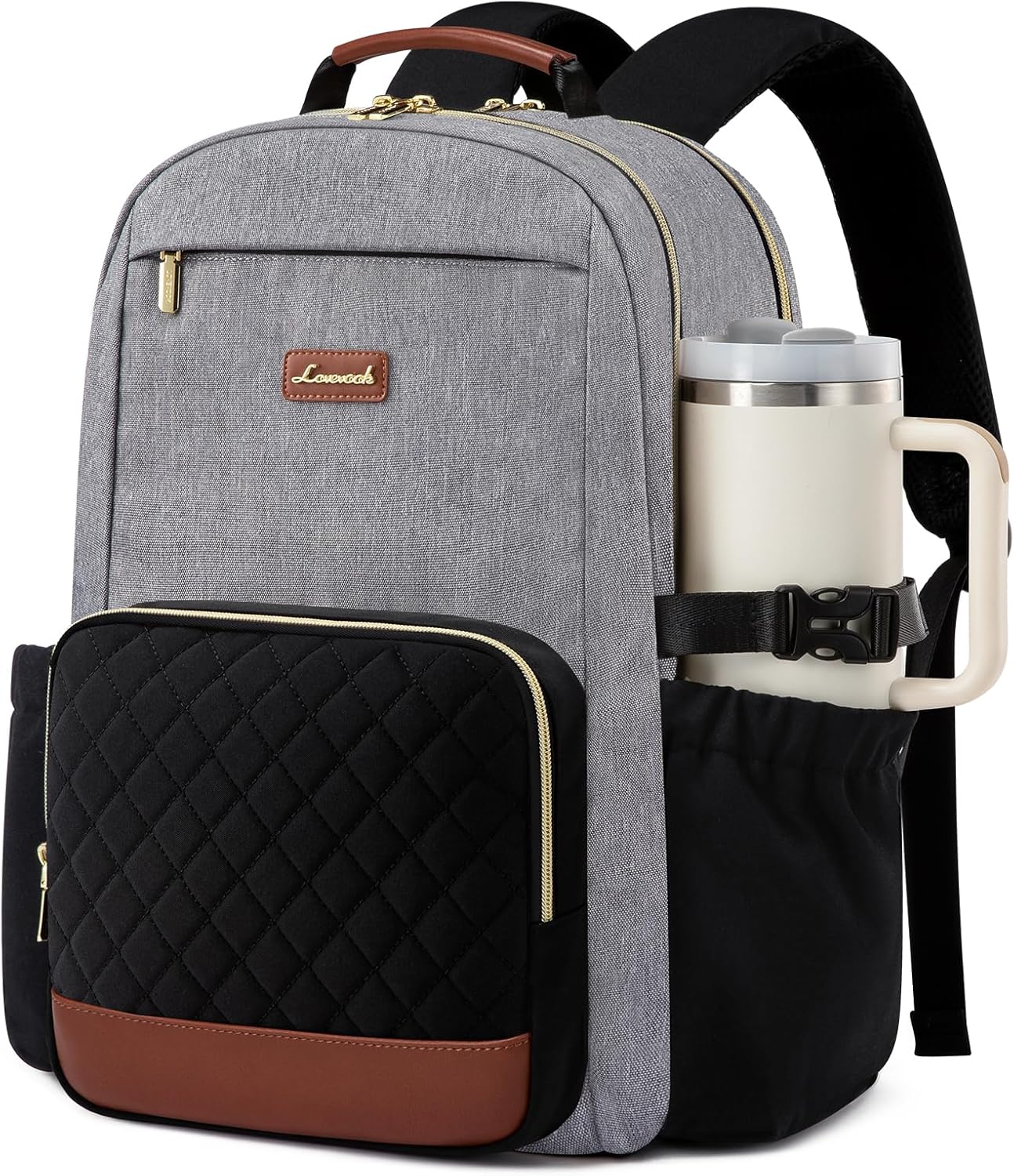 LOVEVOOK Laptop Backpack for Women with Pouch Pocket for Large Capacity Cup,15.6 Inch Teacher Nurse College Work Travel Backpack Purse,Waterproof Laptop Computer Bags,Beige-Black-Brown+Diamond-shaped
