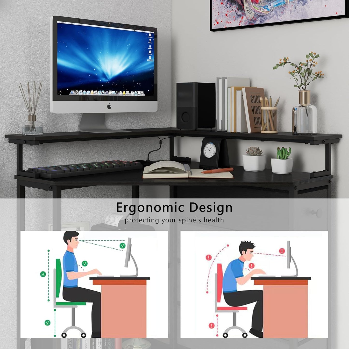 VENNQD Corner Desk with Drawers Shelves for Small Space 90 Degrees Triangle Computer Desk with Power Outlets,Gaming Desk with LED Lights Monitor Stand for Home Office Workstation Writing Table (Black)