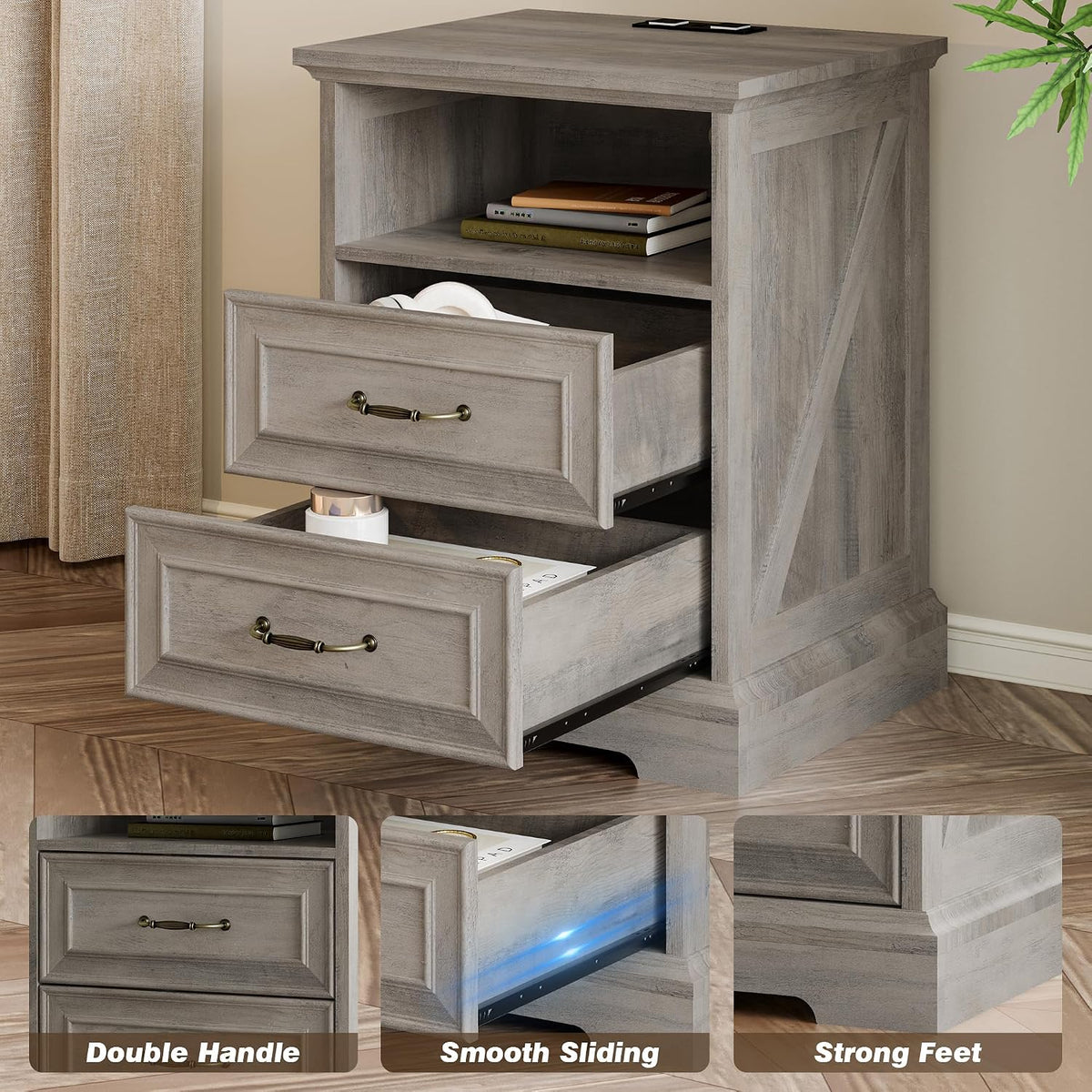 Xixini Nightstand with Charging Station, Farmhouse Light Grey Bedside Table