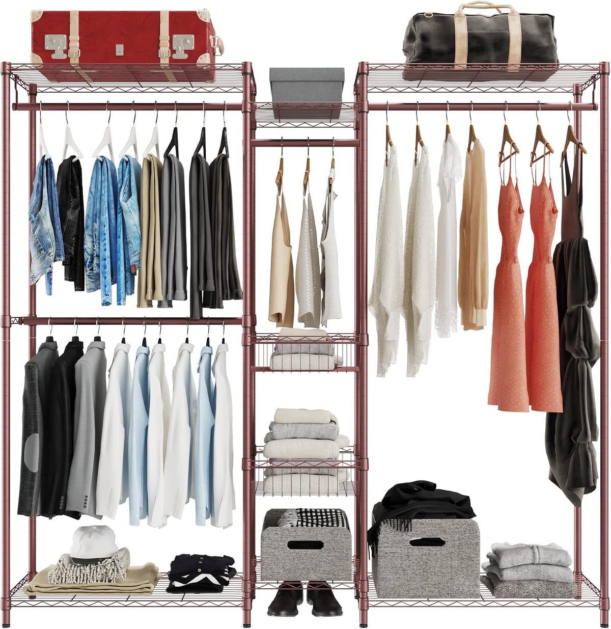 Xiofio 6 Tiers Heavy Duty Clothes Rack, Metal Clothing Rack,Clothing Storage Organizer,Garment Rack with Basket,Hanging Adjustable Garment Rack,65.0" L x 15.7" W x 76.0" H,Max Load 800LBS,Gold