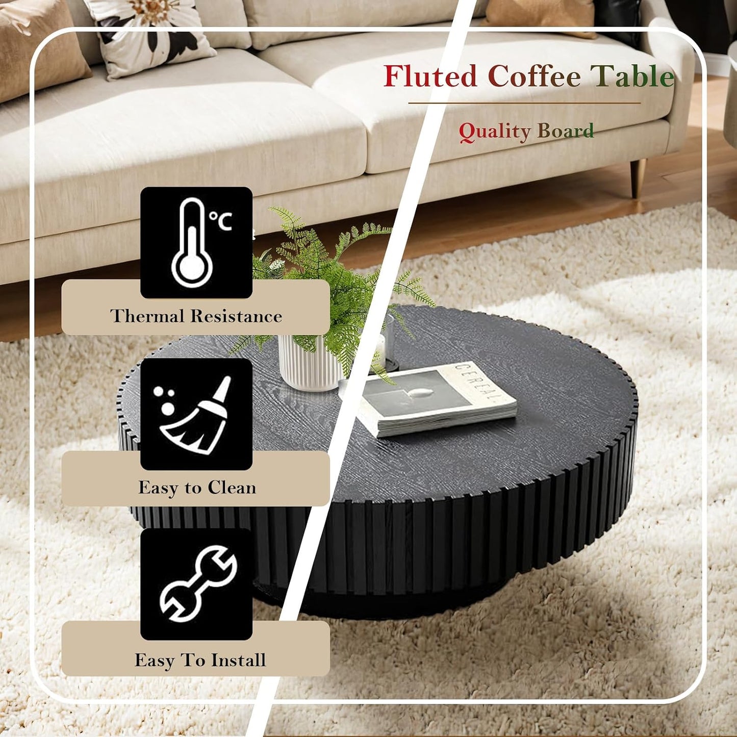 Black Circular Fluted Coffee Table (Round Black 31.5in) | Mid Century Circle Center Tables for Living Room | Chic Round Drum End Table for Small Space | Easy Assembly