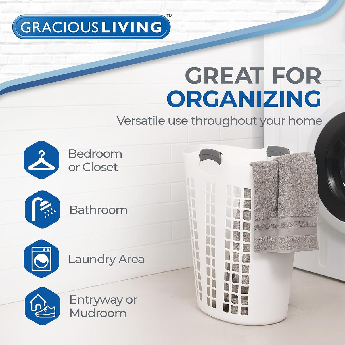 Gracious Living Laundry Basket, Easy Carry Flex Collapsible Hamper, 87.5L | Large Plastic Clothes Storage Organizer for Home, Bathroom, and Bedroom, White