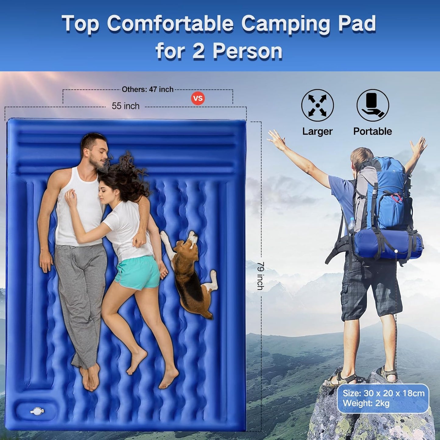 FNARMW Double Sleeping Pad Camping, Self Inflating 6'' Extra-Thick 2 Person Pillow Built-in Foot Pump Waterproof Inflatable Sleeping Mat Backpacking, Tent, Hiking, Portable Camping Pad (Navy Grey)