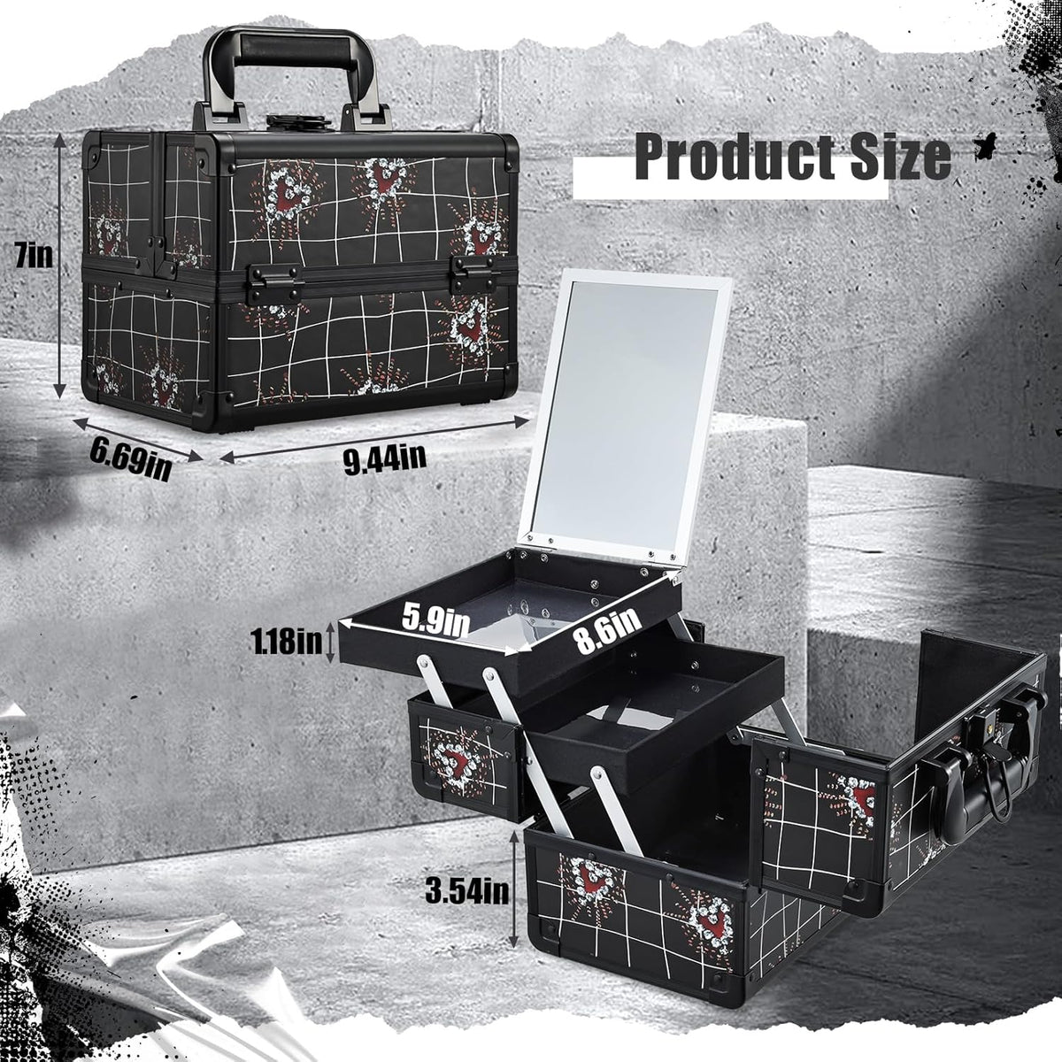 Joligrace Makeup Train Case Portable Makeup Case Organizer 2 Trays Cosmetic Box Storage with Mirror Lockable with Key for Cosmetics Nail Tech Traveling Makeup Travel Box Punk Love Hearts