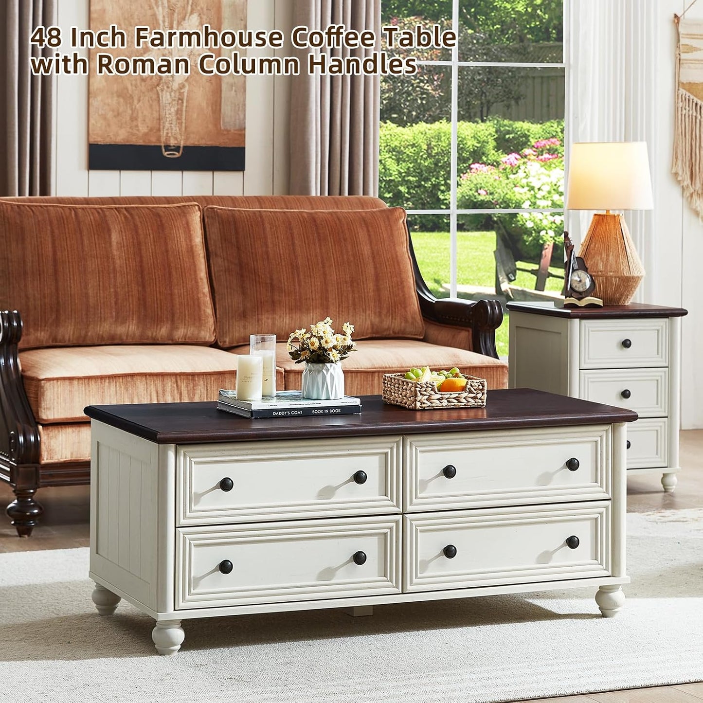 RWYHG 48" Farmhouse White Coffee Table, Center Table with 4 Drawers | High Capacity Hidden Storage, Smooth Roman Column Handles & Drawers, Solid Wood Sturdy Curved Legs, for Living Room,Office