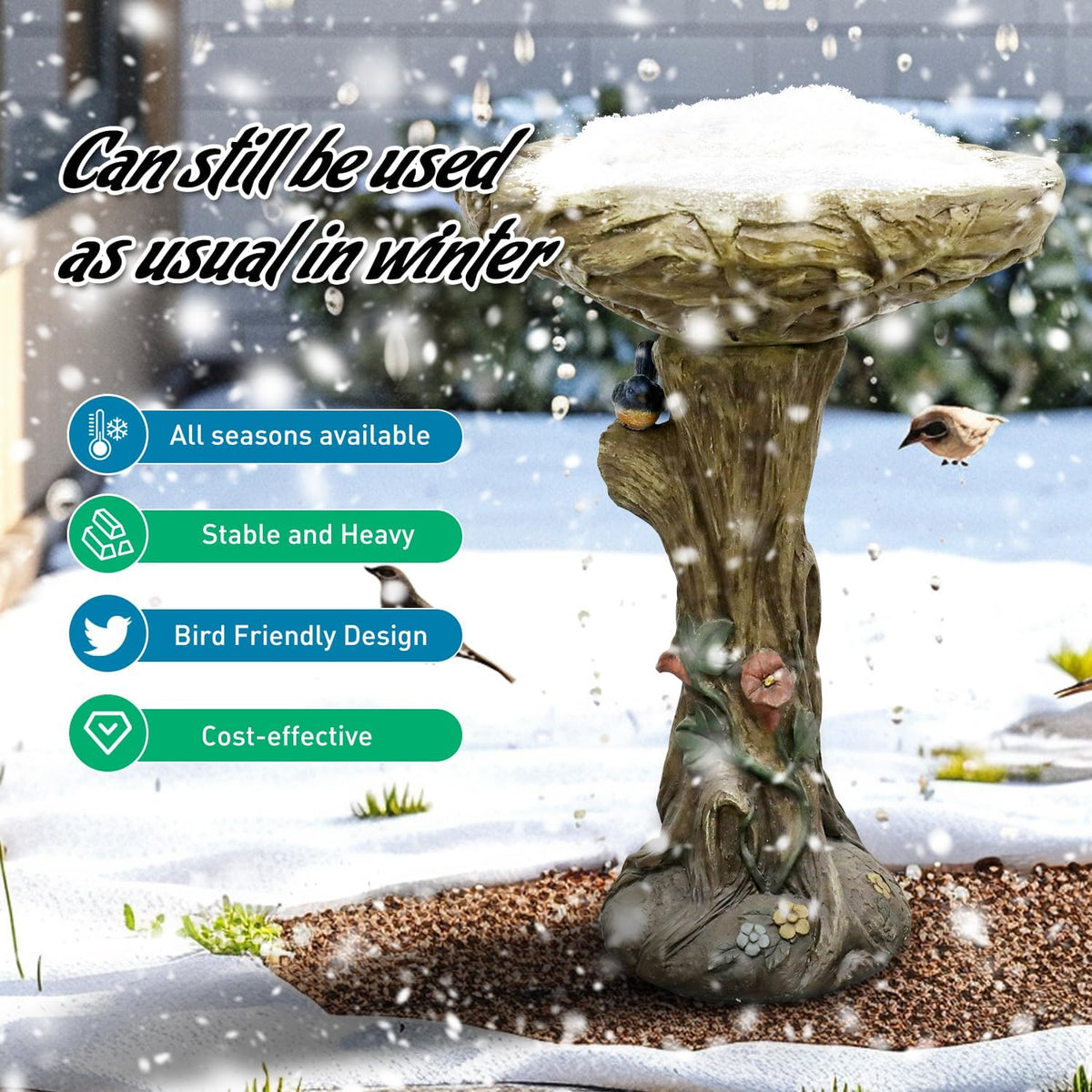 SunJet 25.5 Inch Heigh Wood-Look Concrete Bird Bath with Decorative Faux Bird – birdbath Rustic & Long-Lasting Design, Enhances Garden, Patio, Yard, Lawn Décor