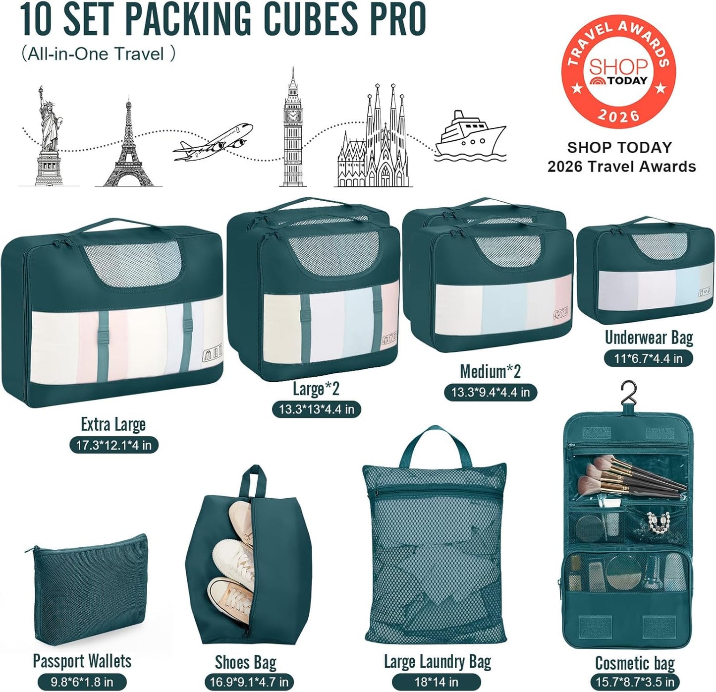 Veken 10 Set Packing Cubes for Travel Essentials, Suitcase Organizer Bags in 4 Sizes, Carry-On Luggage Accessories with Laundry Bag, Airplane Must Have, Gifts for Women Men