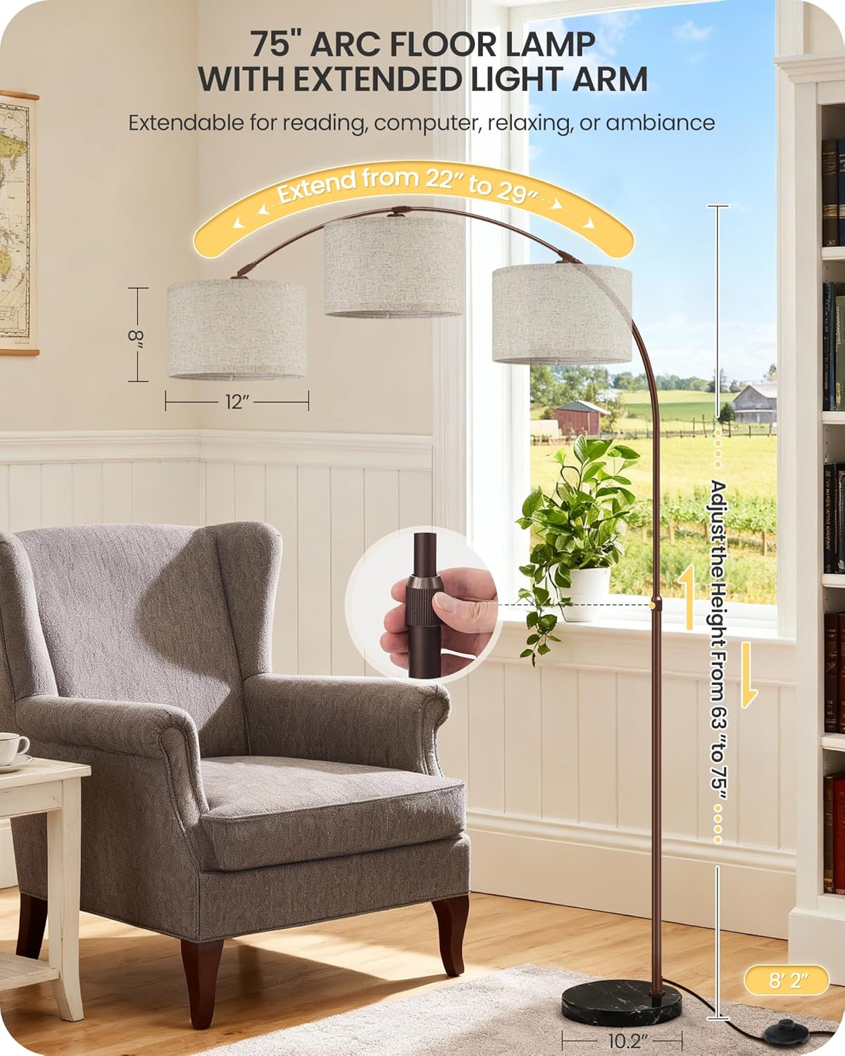 75" Arc Floor Lamp with Marble Base and Adjustable Height, Rotating Hanging Shade, Dimmable Floor Lamp for Living Room with Remote and Foot Switch, 3CCT, Over Couch Arched Light, Beige Brown VE15LD05