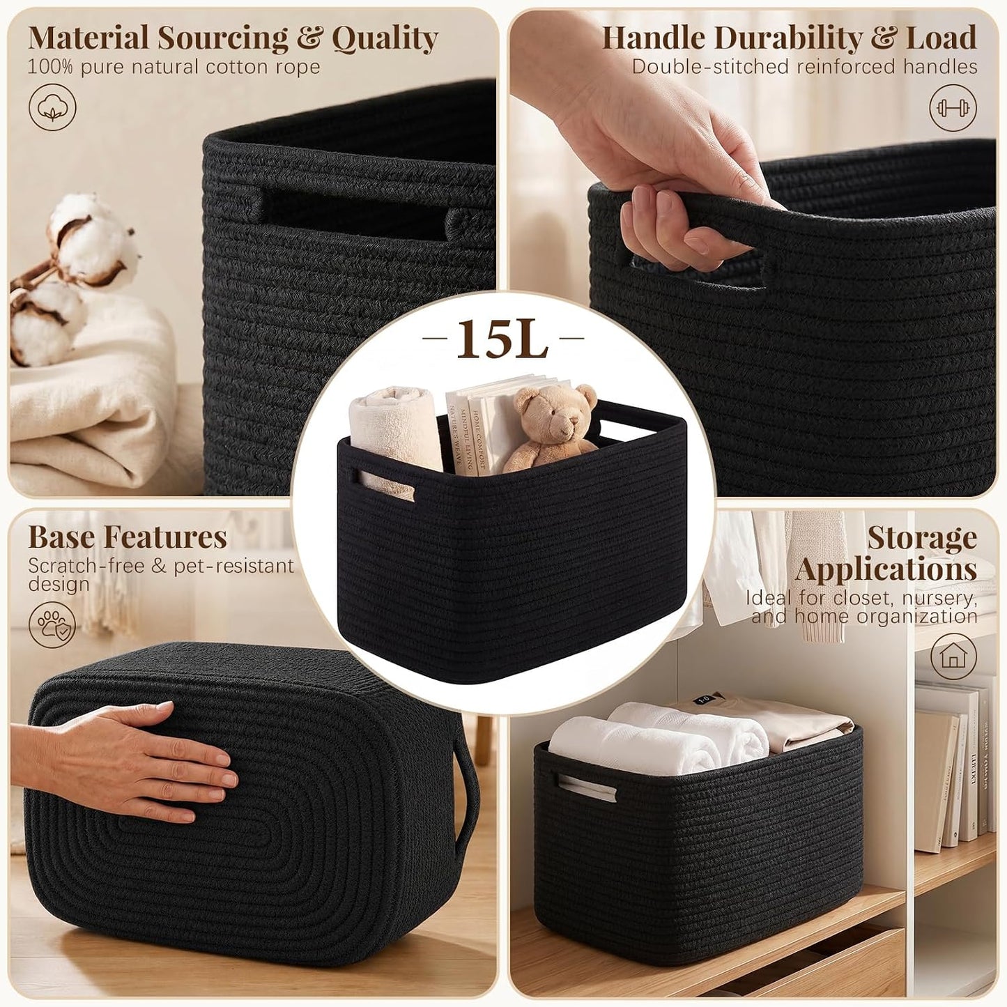 OIASKET 4Packs Natural Cotton Rope Storage Baskets for Organizing Toys, Clothes, Towels & Books, Soft Versatile Organizers for Shelves, Home Decorative Bins, 13''Lx9''Wx7.8''H, Black