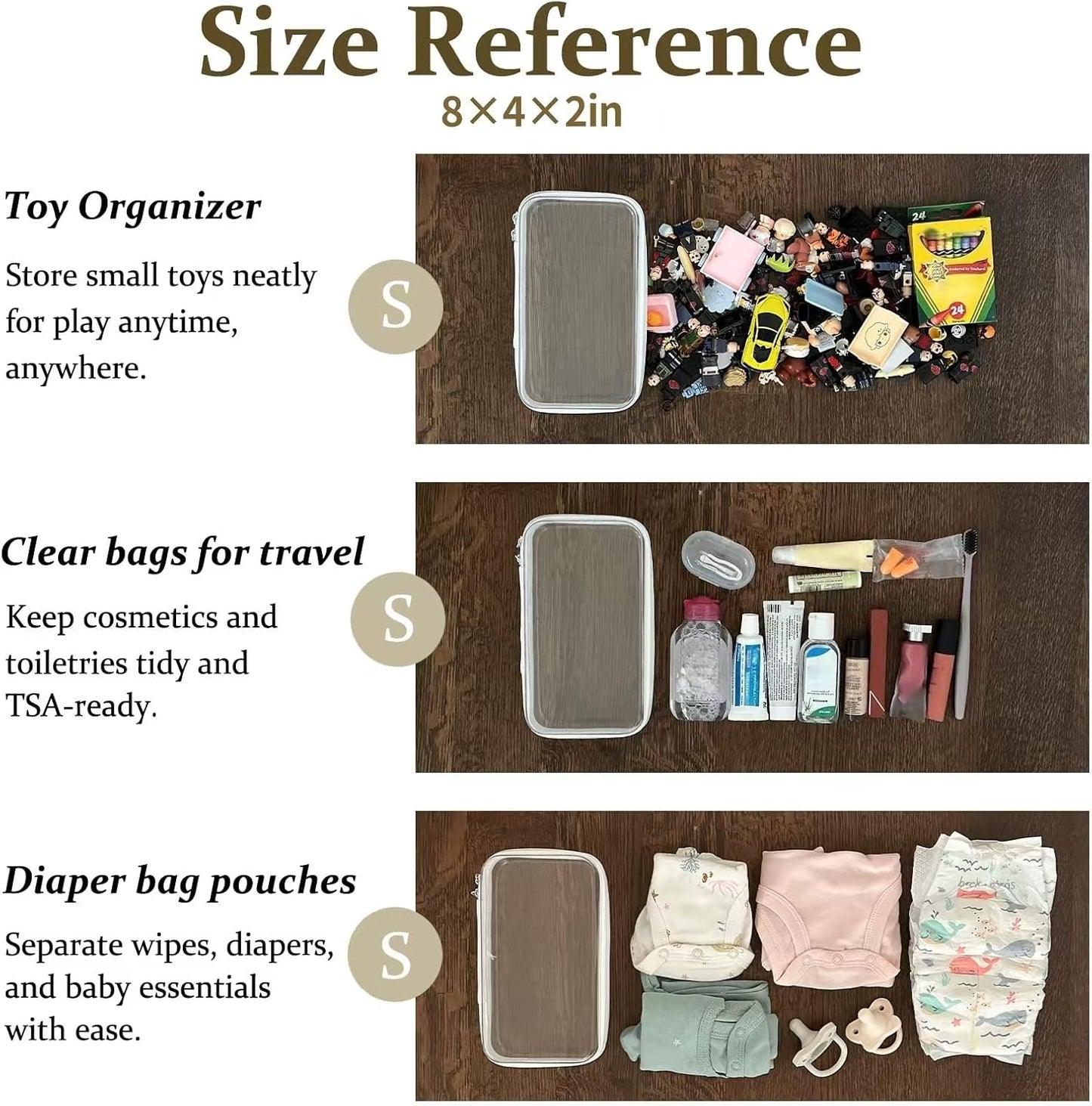 4 pcs Clear Zipper Pouches,Hard Shell Zipper Case, Toiletry Bag for Travel, CLear Diaper Bag, Toiletry Pouch, Travel Organizer, Cosmetic Bag,Toy Storage Bins (M+3S)(Black)
