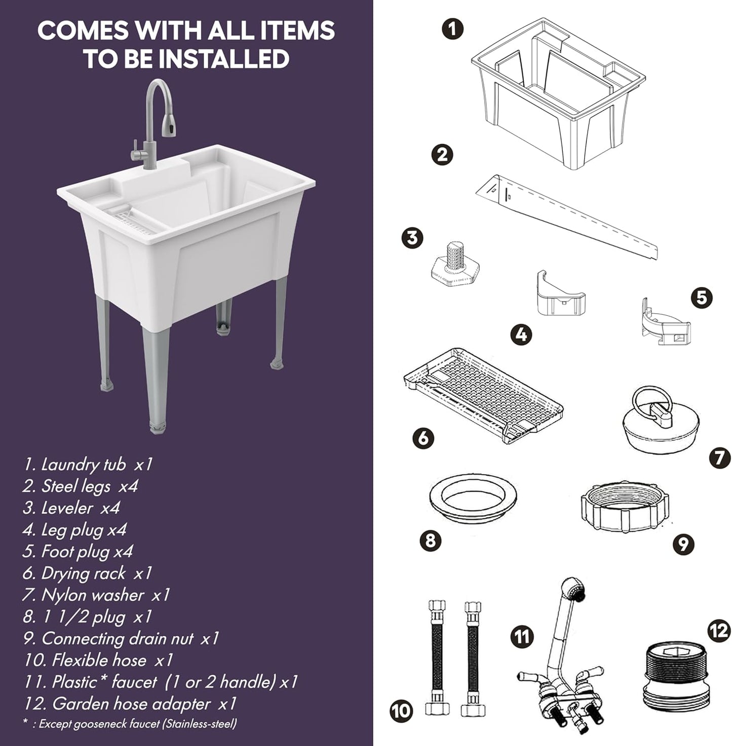 Freestanding Utility Sink with Gooseneck Faucet - 32" Plastic Utility Sink with Steel Legs for Garage, Laundry, Indoor and Oudoor Use - Laundry Tub Kit by Noah William Home - White (25.6 gal)