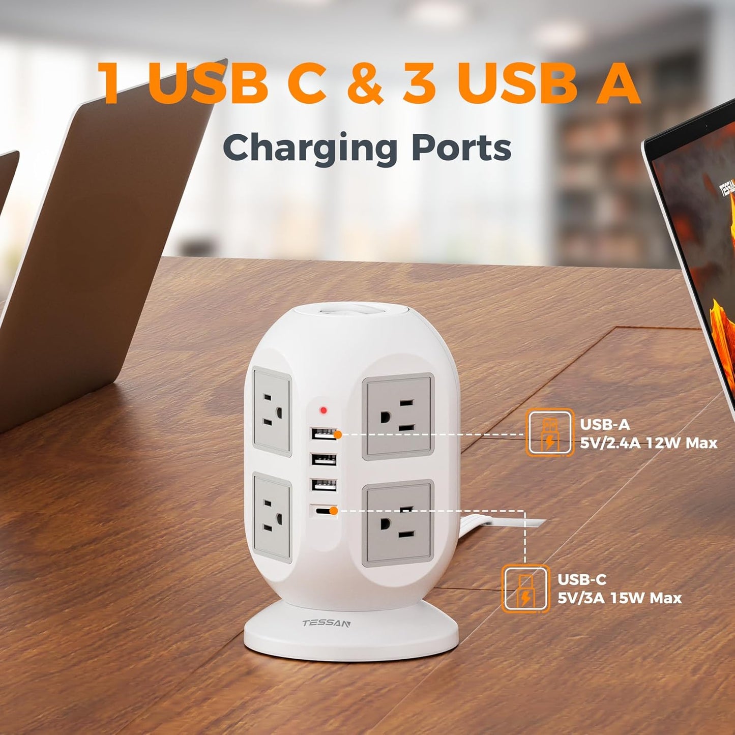 TESSAN Tower Power Strip 10 ft, Long Flat Extension Cord with Multiple Outlets, 8 AC Outlets with 4 USB Ports (1 USB C), Charging Station with, for Home Office Dorm