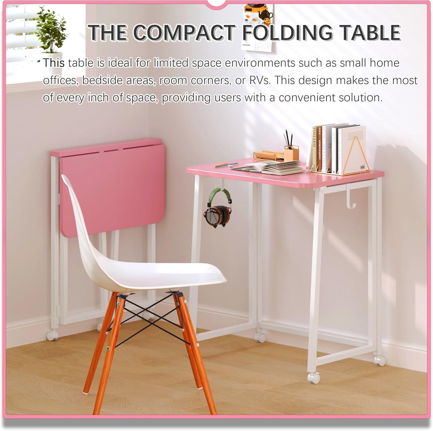 4NM 23.6" Mobile Small Folding Desk, Foldable Rolling Computer Home Office Desk, Study Writing Table for Small Space Saving Bedroom, with Wheels - Pink and White