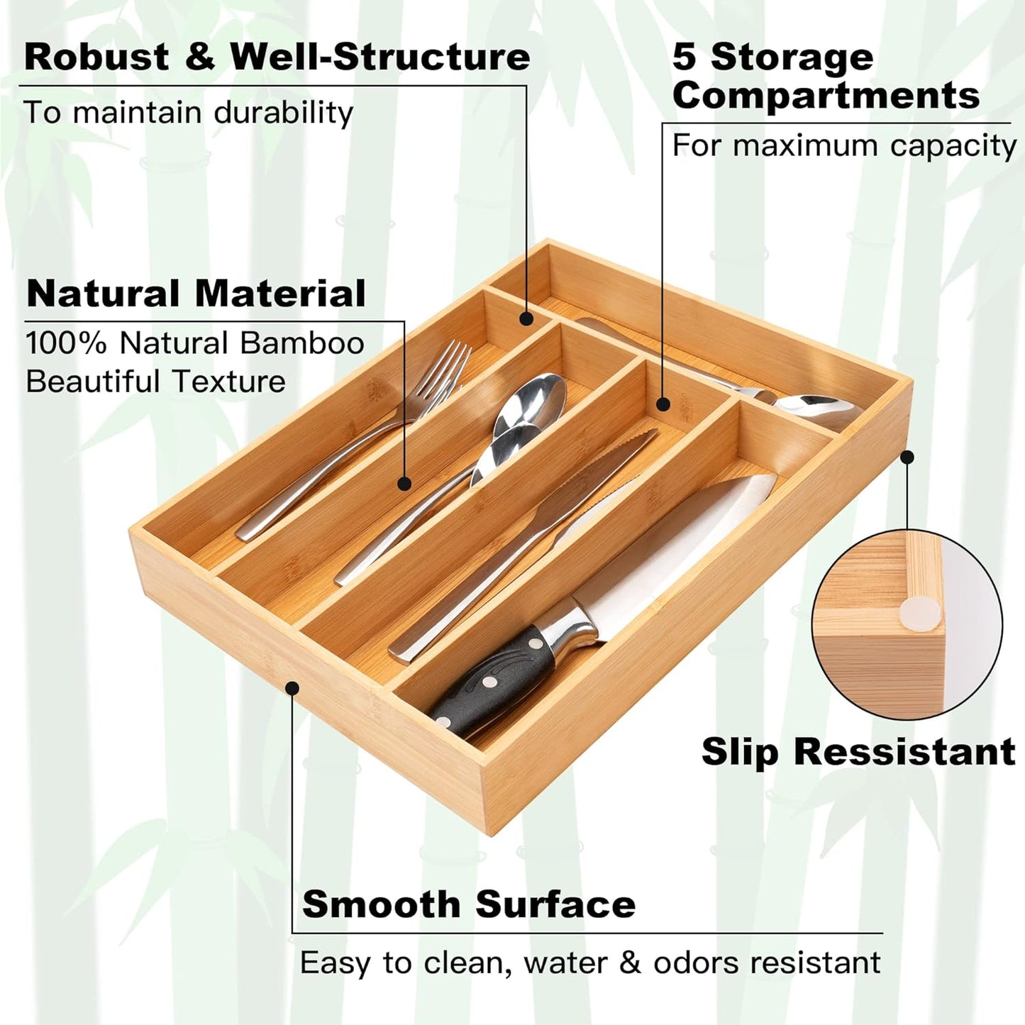 Besilord Silverware Organizer Kitchen Drawer Organizer Utensil Organizer Bamboo Silverware Holder Cutlery Organizer in Drawer Flatware Organizer Tray(5 slots, Natural