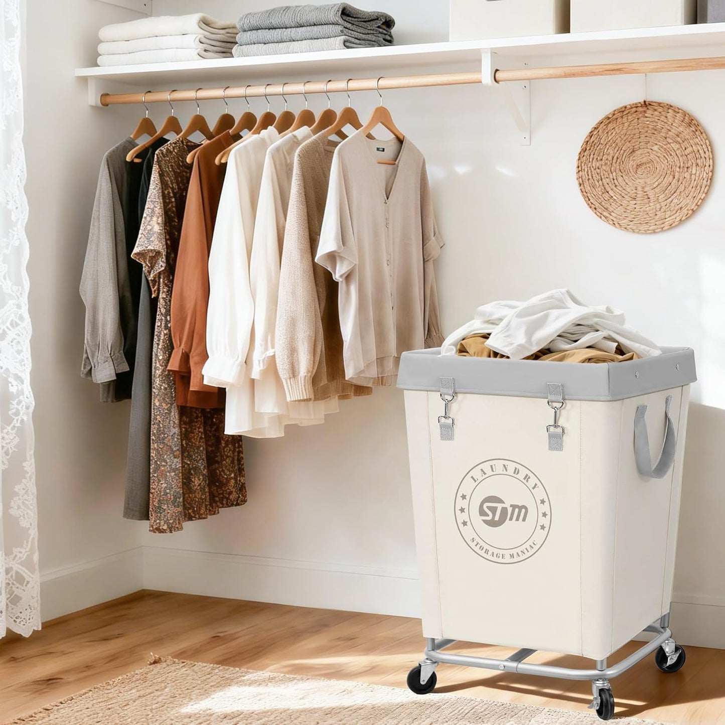 STORAGE MANIAC Commercial Laundry Hamper with Heavy Duty Steel Frame, 160 L Industrial Laundry Basket Cart with Wheels for Hotel, Home, Laundry Room, 18''L x 18''W x 31''H, Medium Beige