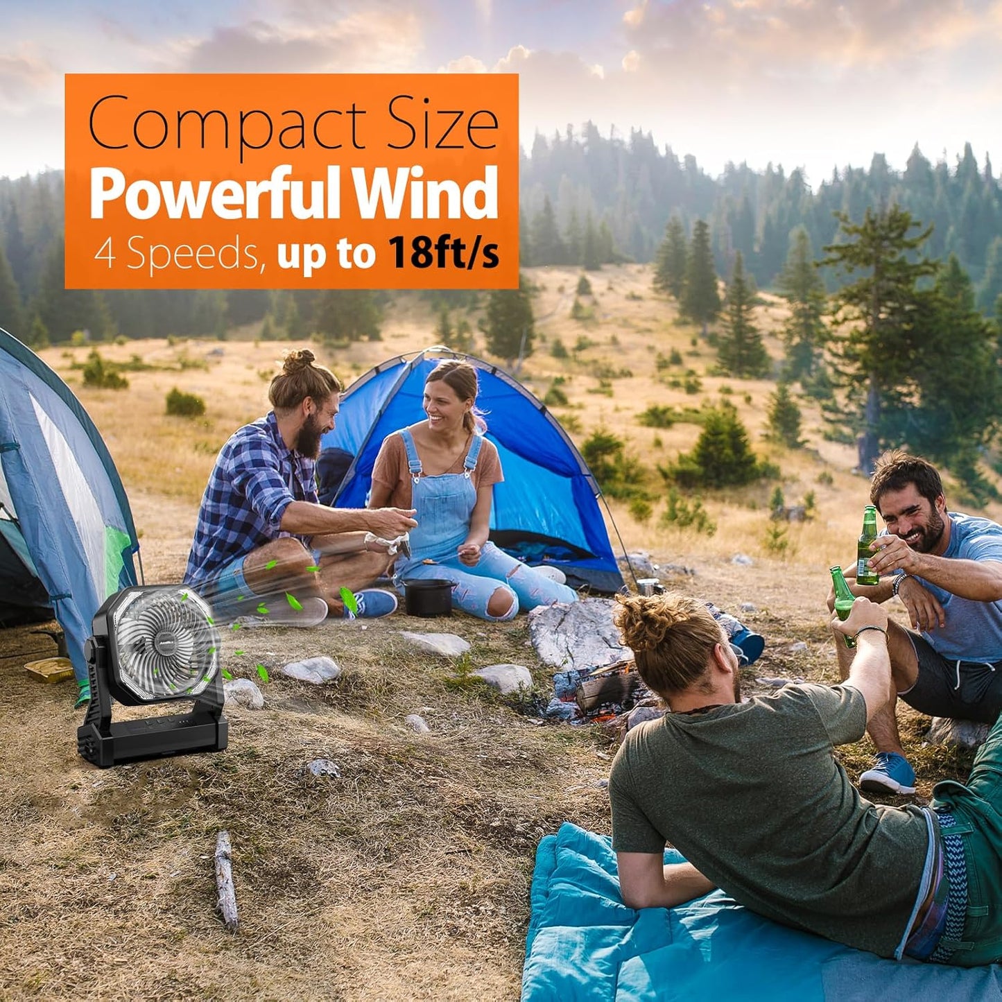 20000mAh Battery Powered Camping Fan, 58Hrs Rechargeable Portable Fan, 400LM Light, 360° Hook, Whisper Quiet Battery Operated Fan for Outdoor Car Travel Gear Essentials Power Outages Co-brand AMACOOL