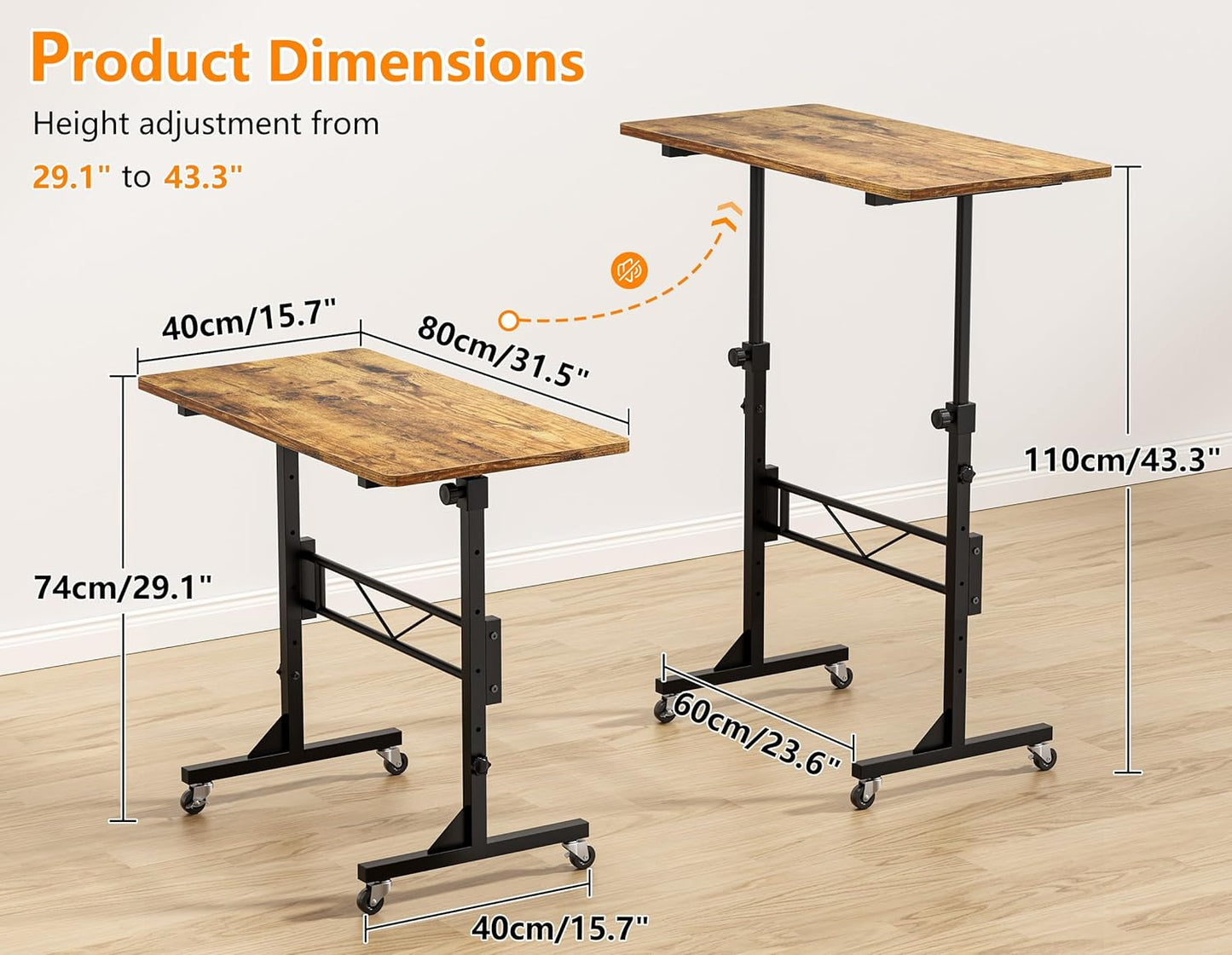 HOMIDEC Standing Desk, 32 Inch Portable Small Desk Adjustable Height, Rolling Home Office Desks with Wheels, Sit Stand Desk for Bedroom Walking Pad Home Office Small Space, Rustic