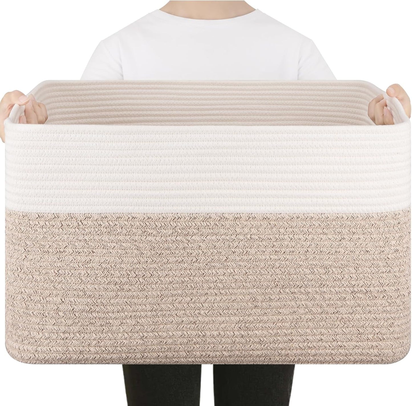 75L Large Cotton Rope Basket, Soft Toy Storage Bin for Nursery & Living Room, Decorative Blanket Basket for Bedroom, Baby-Safe Organizer for Pillows &Laundry, 22''×17''×12'', Brown and White