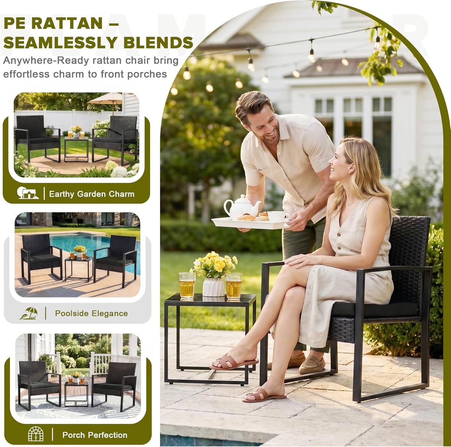 Flamaker 3 Pieces Outdoor Patio Wicker Furniture Set, Modern Rattan Chair Conversation Sets with Coffee Table for Yard and Bistro (Black)